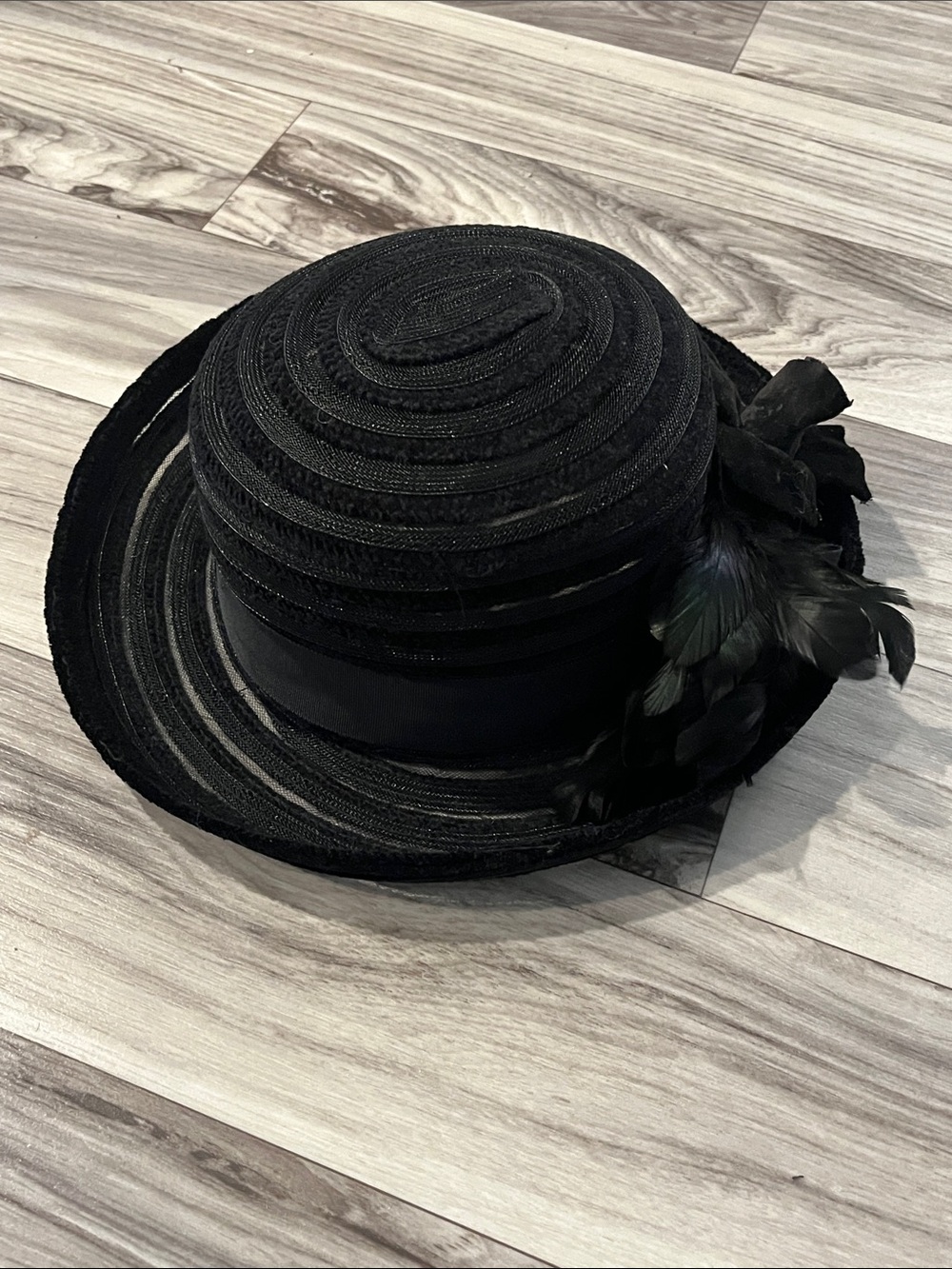David Meister Black Sheer Hat w/Feather Accent